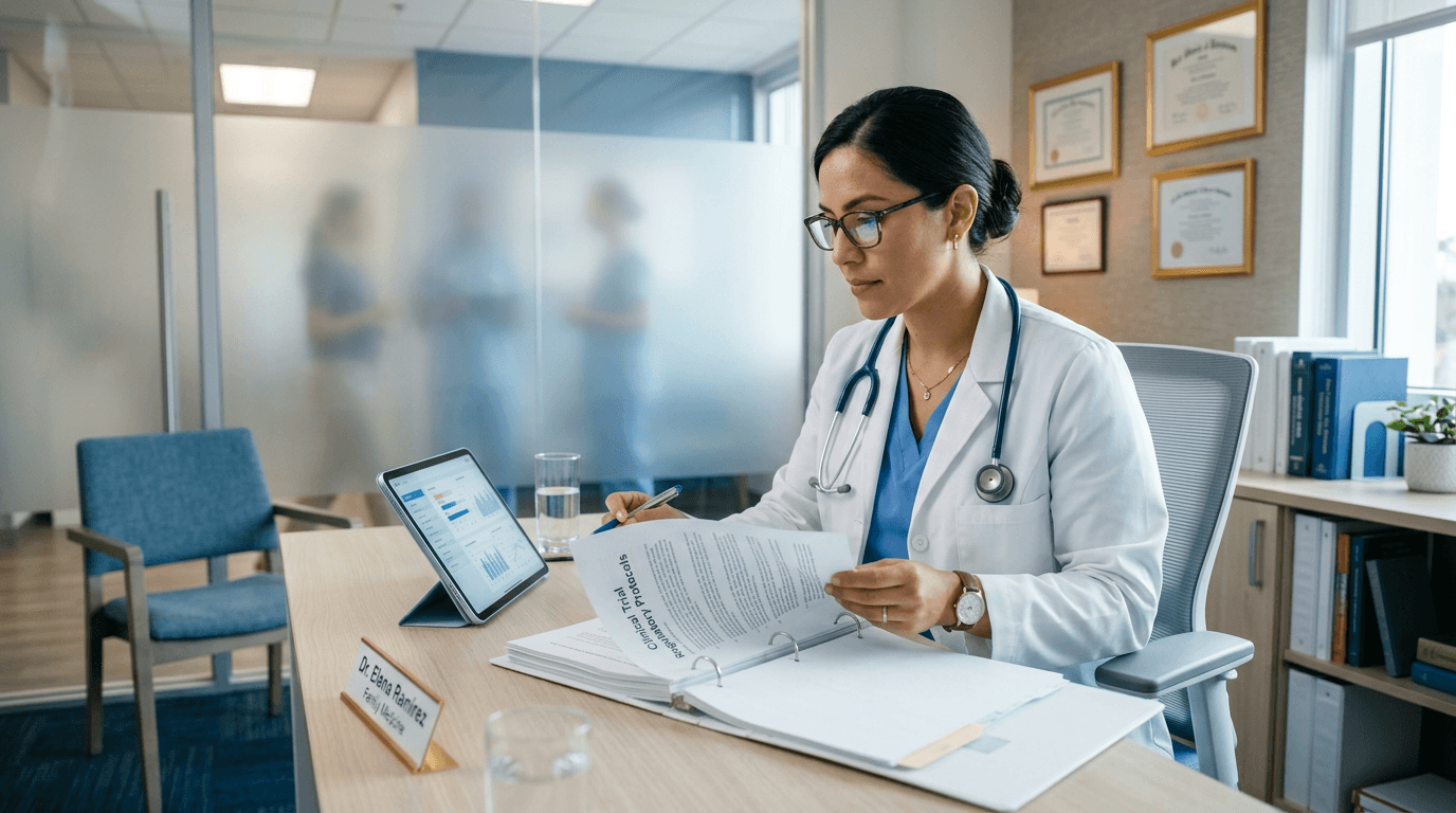 Doctora revisando documentos regulatorios en consultorio moderno