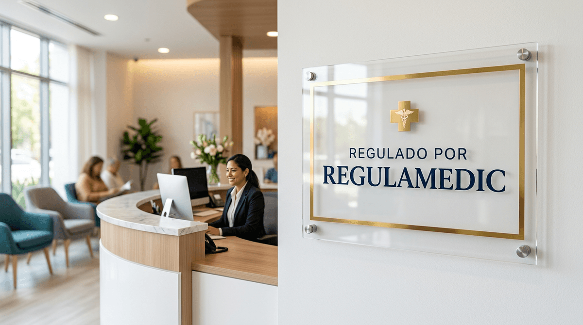 Placa Regulado por Regulamedic en recepción de clínica